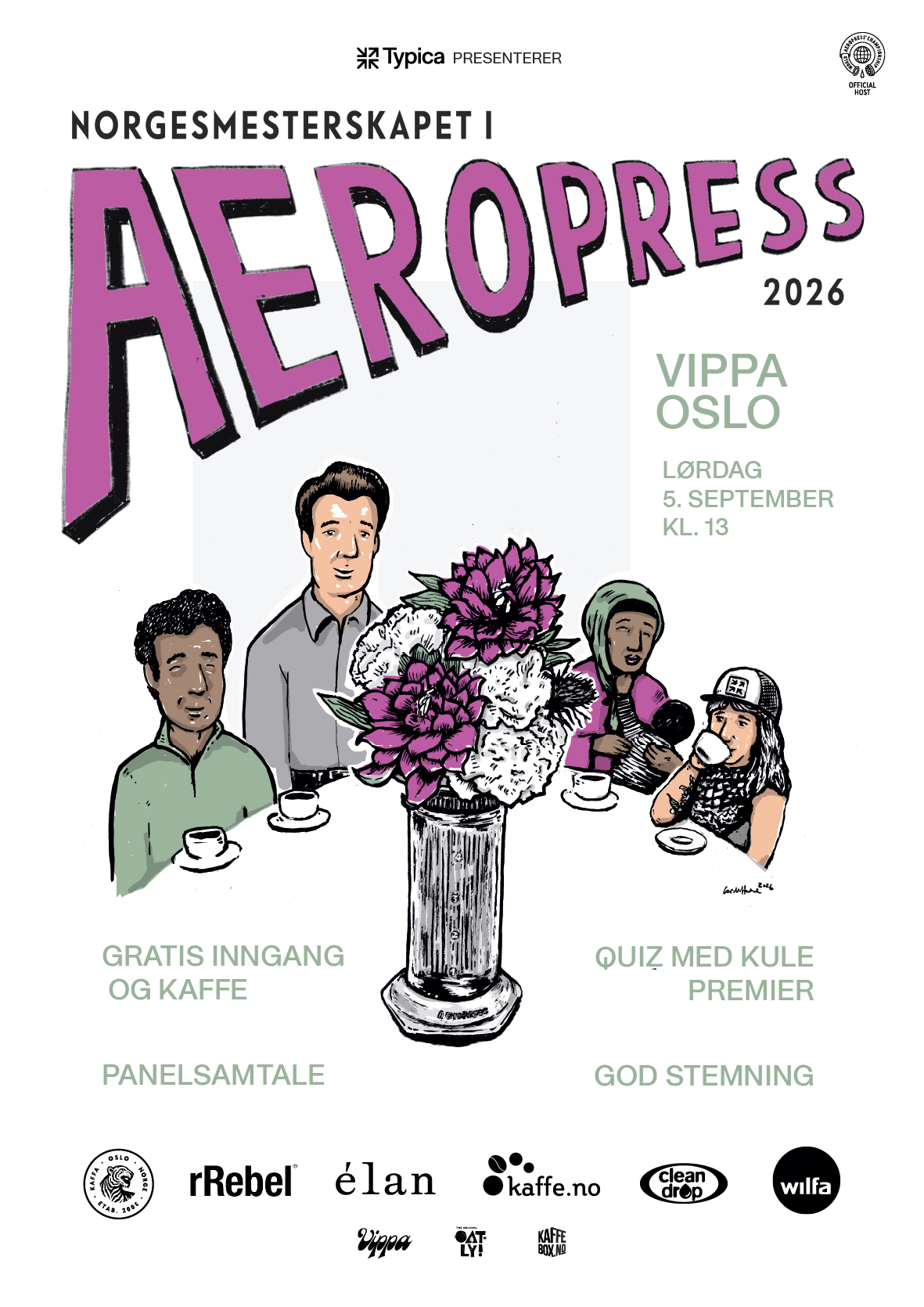 Offisiell plakat for Norgesmesterskapet i AeroPress 2026 av Lars Huuse